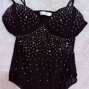 Black Rhinestone Bustier Bodysuit